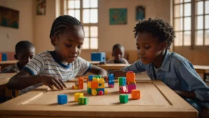 Enfants sénégalais utilisant des jouets éducatifs innovants pour stimuler leur apprentissage et créativité.